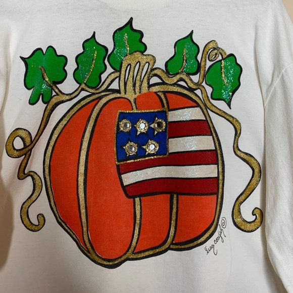 Vintage Lisa Coufal 1990 Tee Shirt Glitter Puffy Paint Jewel Pumpkin USA Flag XL - Picture 2 of 8